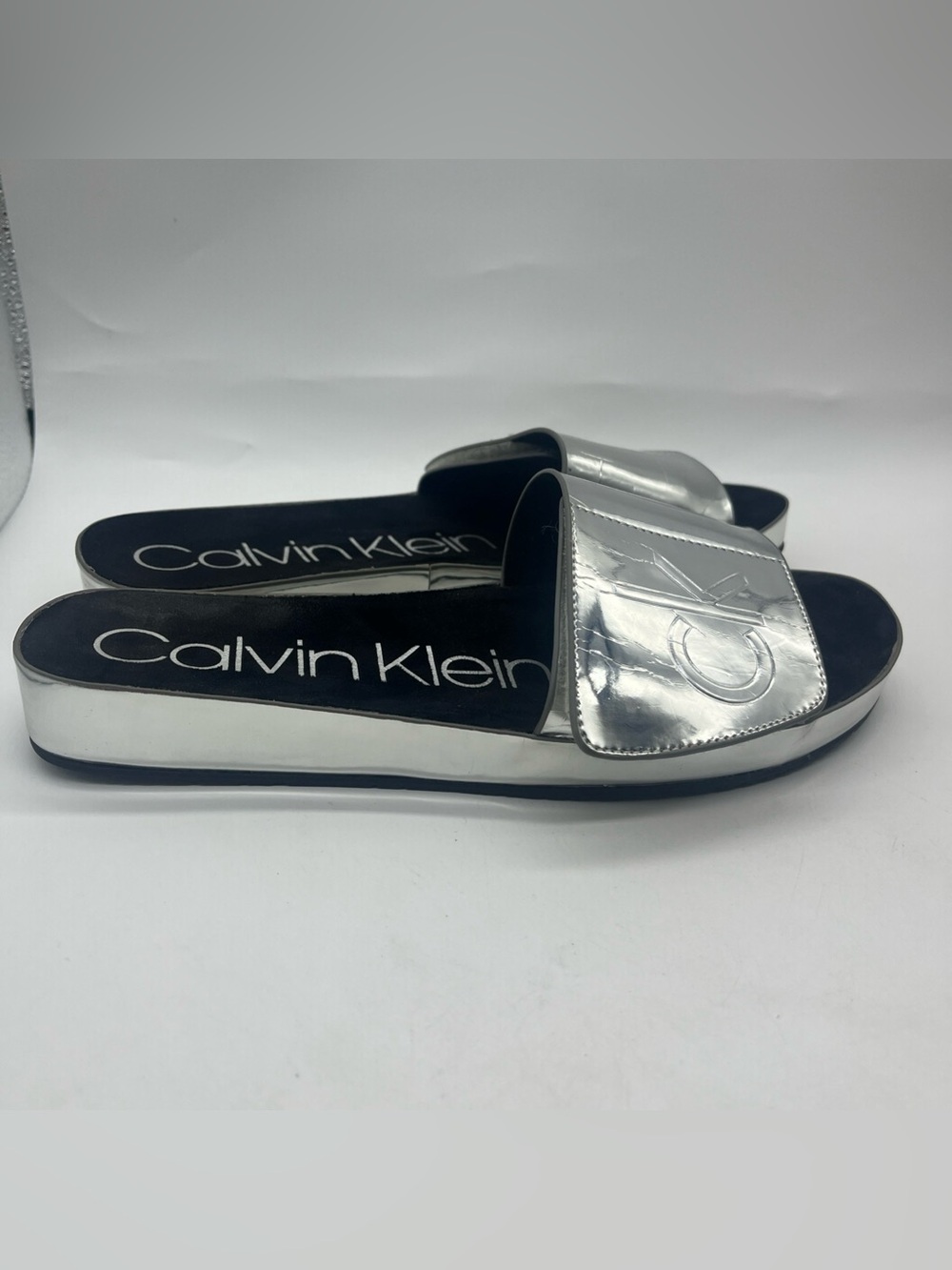 Calvin Klein Metallic Silver Slide Sandals Women's Size 7 CK Shoes